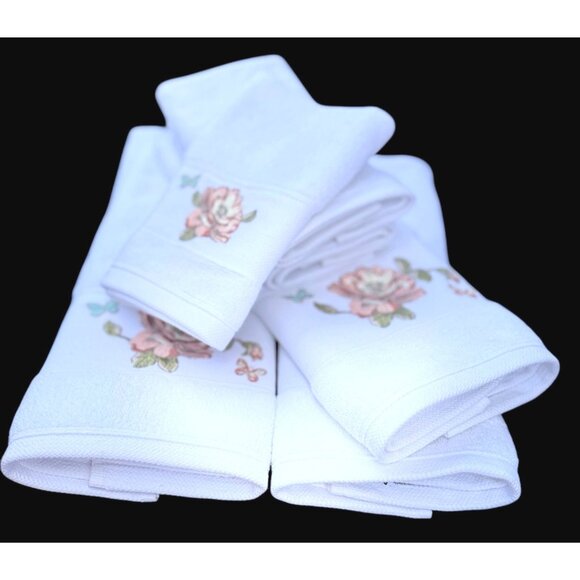 3 small 3 Medium Avanti Cotton Vintage Peach Rose Embroidered Bathroom Towels - Picture 13 of 15